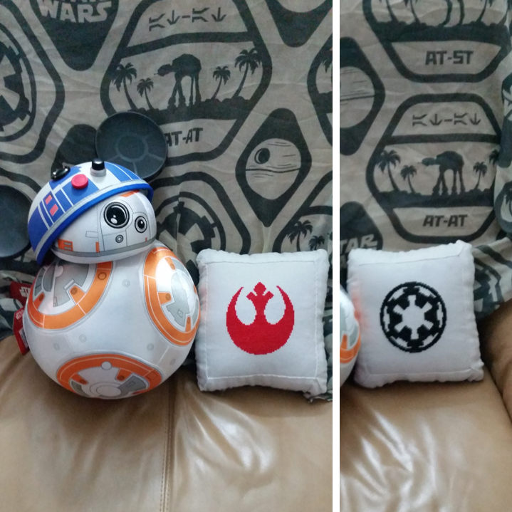 cross-stitched pillows with Star Wars designs; bonus plush toy BB-8